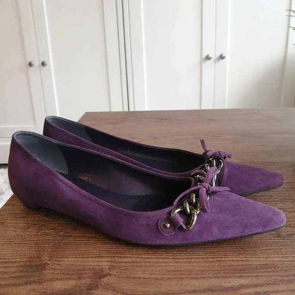 Prada Purple Suede Pointed Toe Flats with Chain Links and Bow Size 37 or 7 US - Picture 6 of 17
